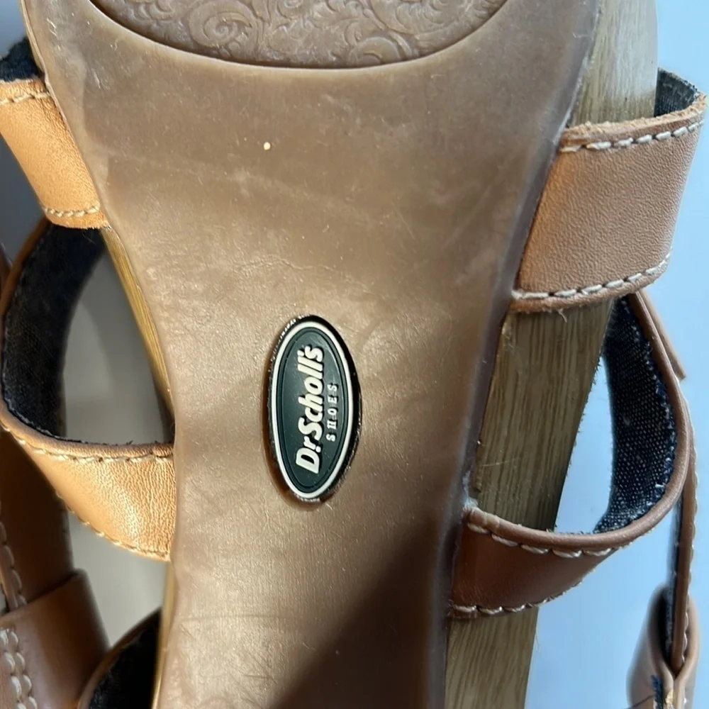 Dr. Scholl’s Band Platform Sandals Tan Leather Strappy Wooden Heel Size 10